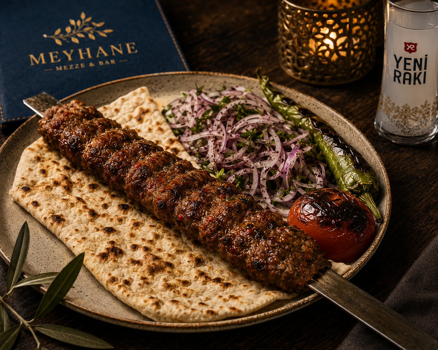 Adana kebab with flatbread and grilled vegetables